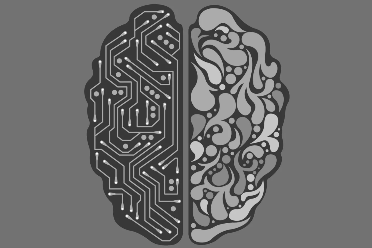 Image of brain with one half human and the other half mechanical. Comparing each side from human to AI 