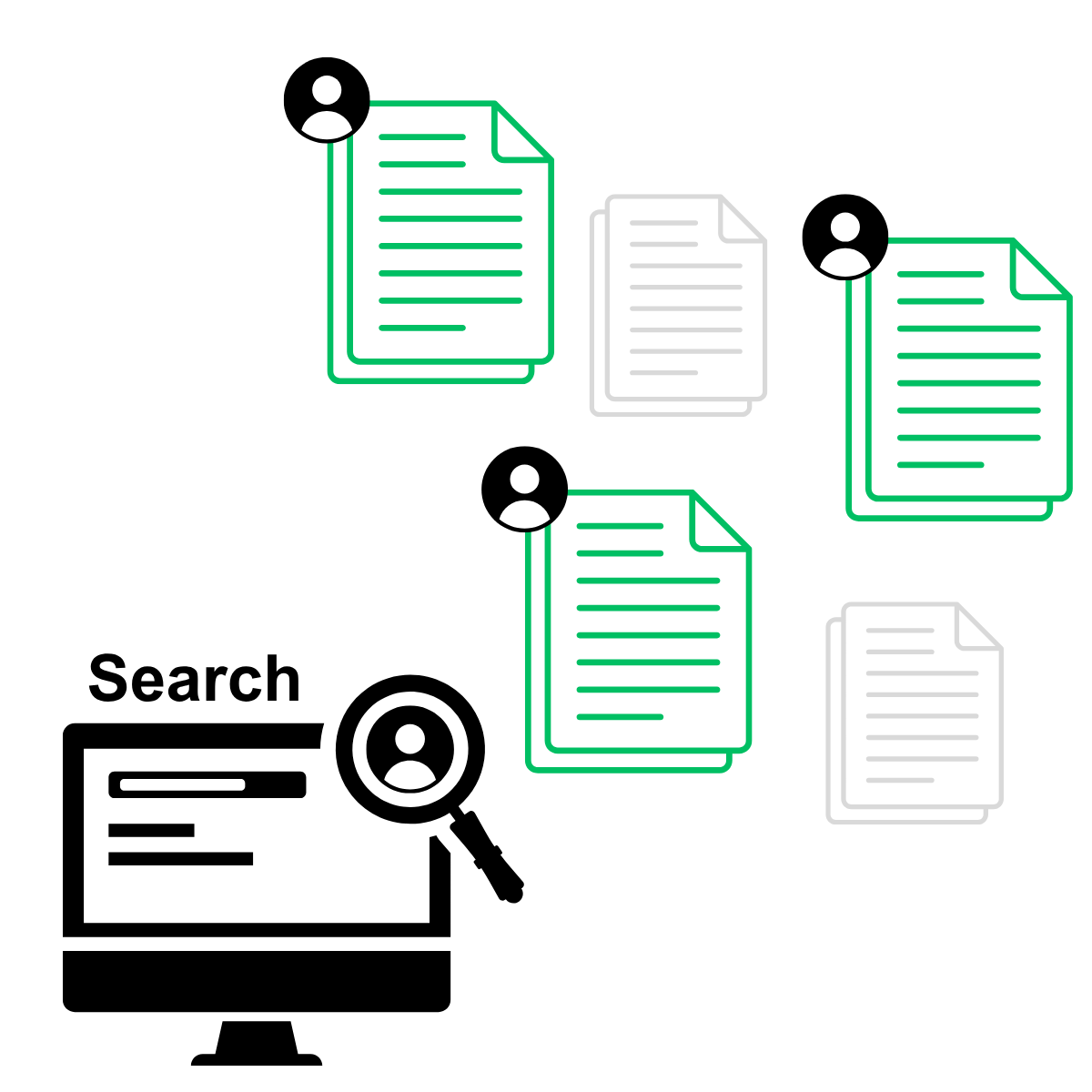 Concept represented by online search for human. A group of five articles is shown next to the computer. Two of the papers are small and grey to convey they are not found. The other three have a human icon on them and are large and easy to see, conveying they were found through the search 