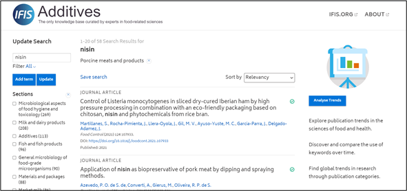 IFIS Additives - screenshot of search for nisin filtered by porcine products