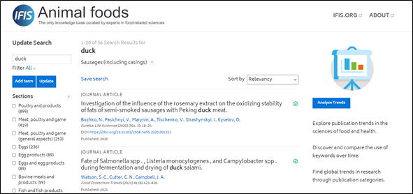 IFIS Animal Foods - screenshot of search for duck filtered by sausage