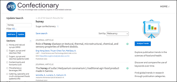 IFIS Confectionary - screenshot of search for honey filtered by Sugar confectionery