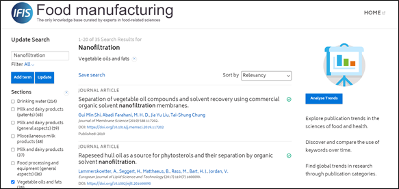 IFIS Food manufacturing - screenshot of search for Nanofiltration filtered by vegetable oils and fats