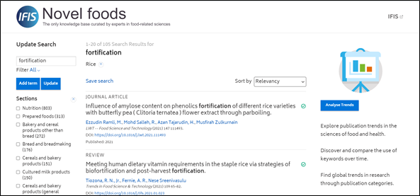 IFIS Novel Foods - screenshot of search for Fortification filtered by Rice
