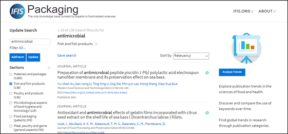 IFIS Packaging - screenshot of search for antimicrobial filtered by Fish and fish products