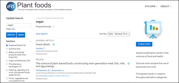 IFIS Plant foods - screenshot of search for vegan filtered by prepared foods