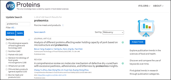 IFIS Proteins - screenshot of search for proteomics filtered by porcine products