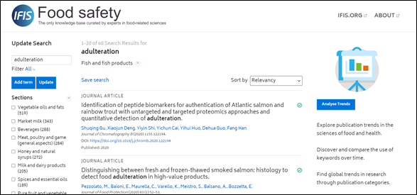 IFIS Safety - screenshot of search for adulteration filtered by fish and fish products