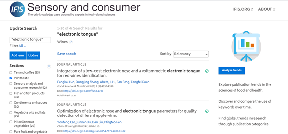 IFIS Sensory - screenshot of search for electronic tongue filtered by wine